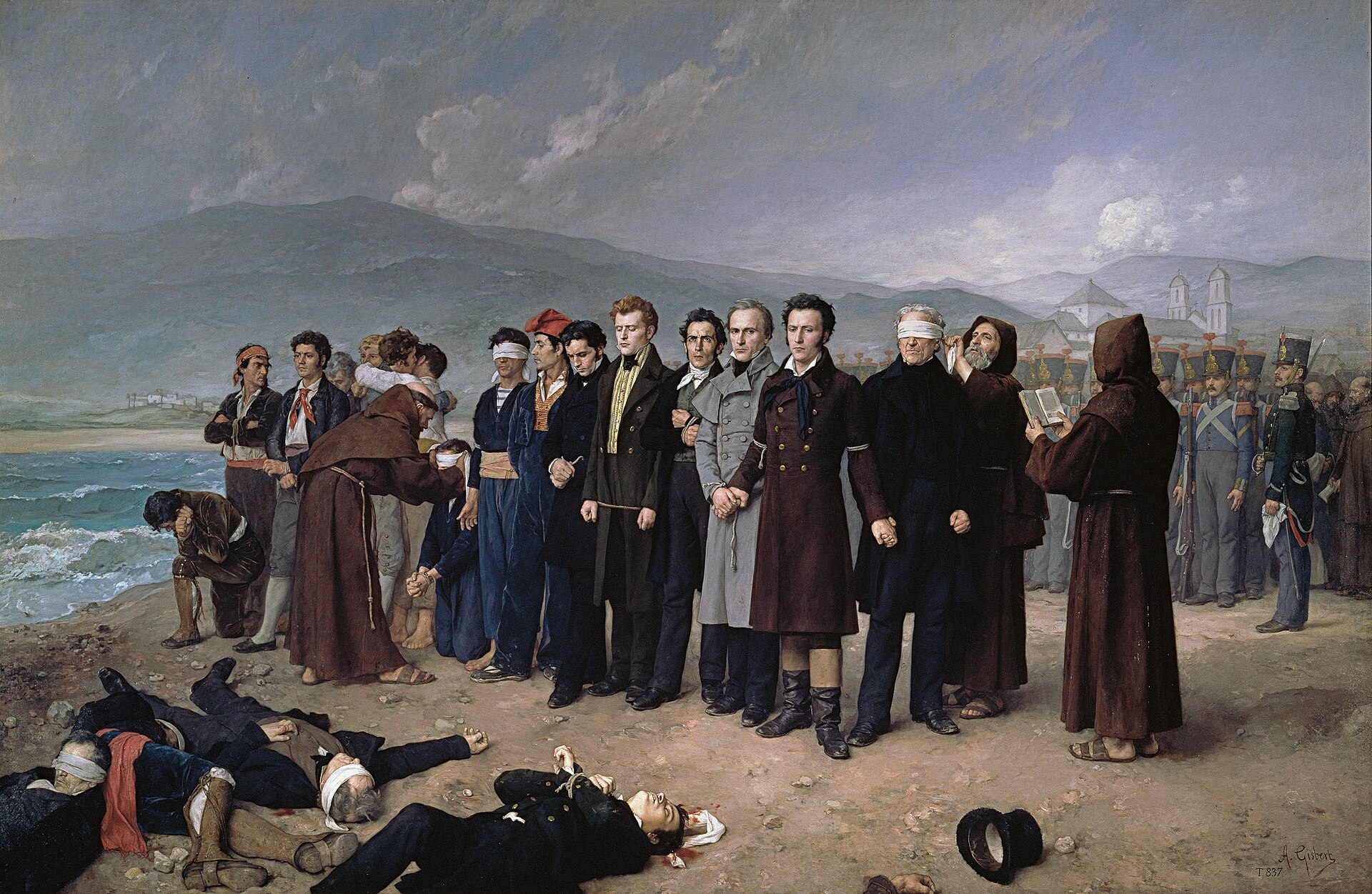 Torrijos and his companions await execution beside bodies. They were shot without trial after attempting to replace Ferdinand VII’s absolute monarchy with a constitutional system.