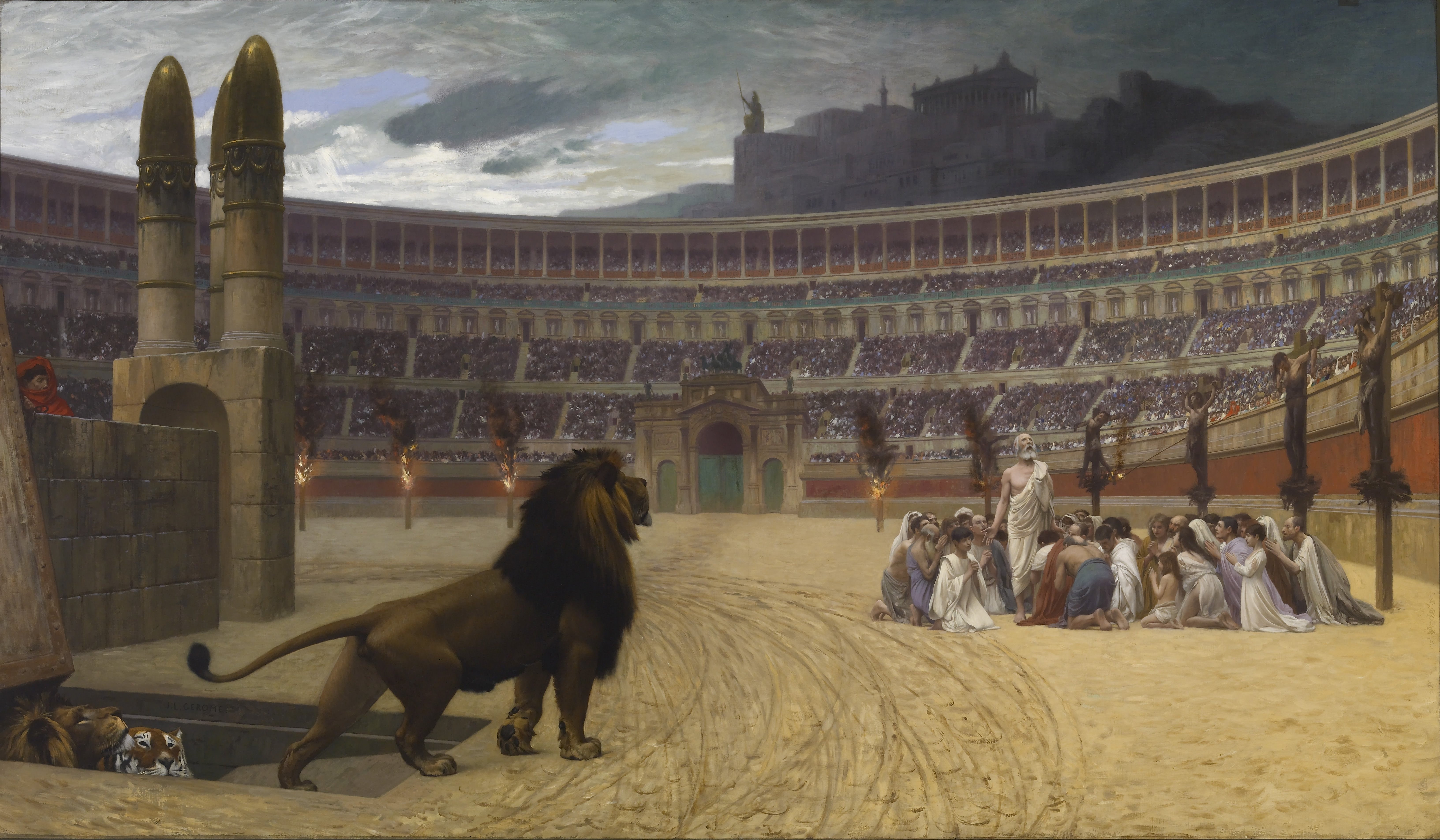 Christians pray before a lion in the arena. Roman persecution punished rejection of official worship, regarded as a threat to religious and political order.