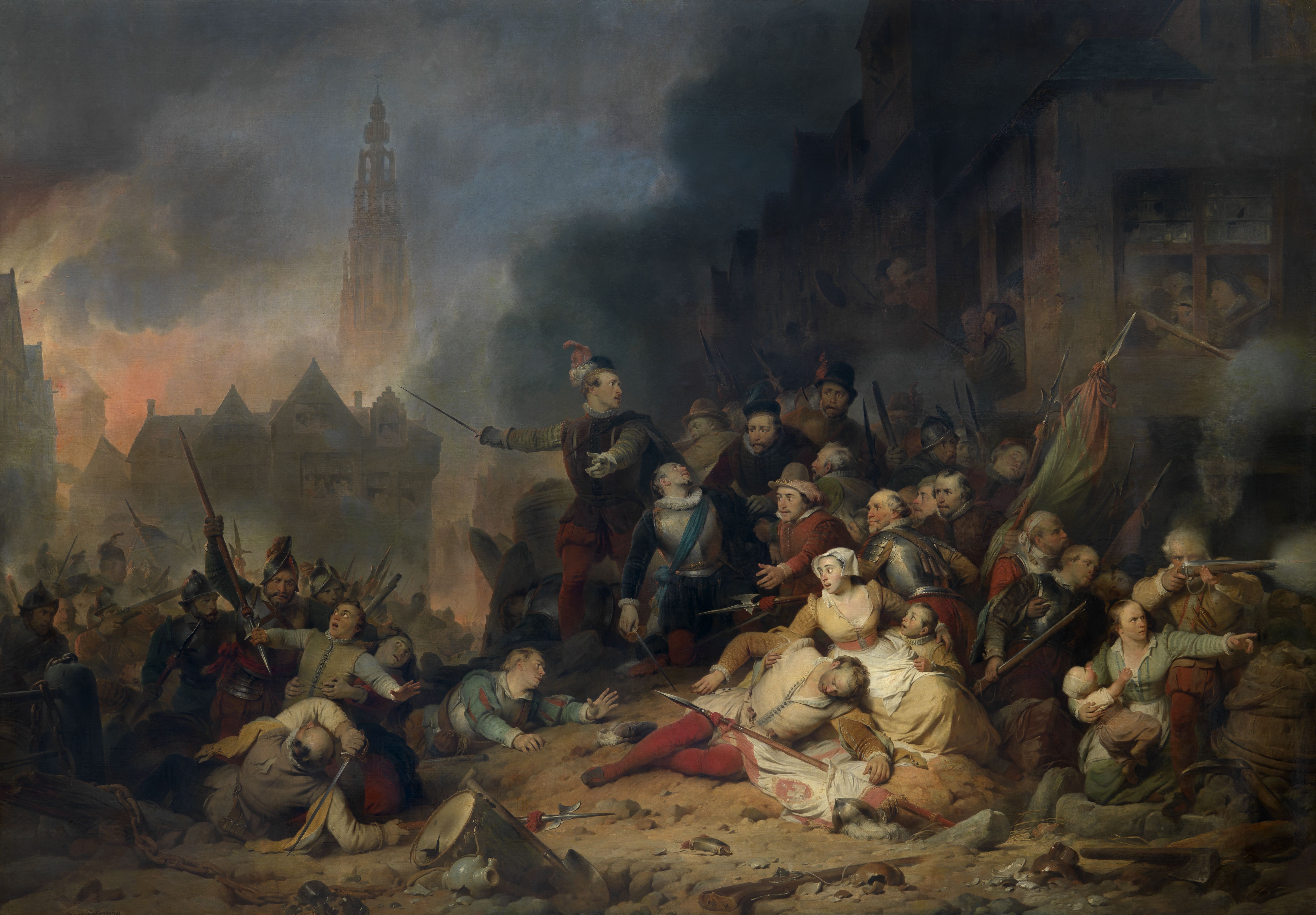 Women and children gather among bodies and fires in Antwerp. Unpaid military wages precipitated the sack during the Dutch revolt against Spanish rule and religious restrictions.