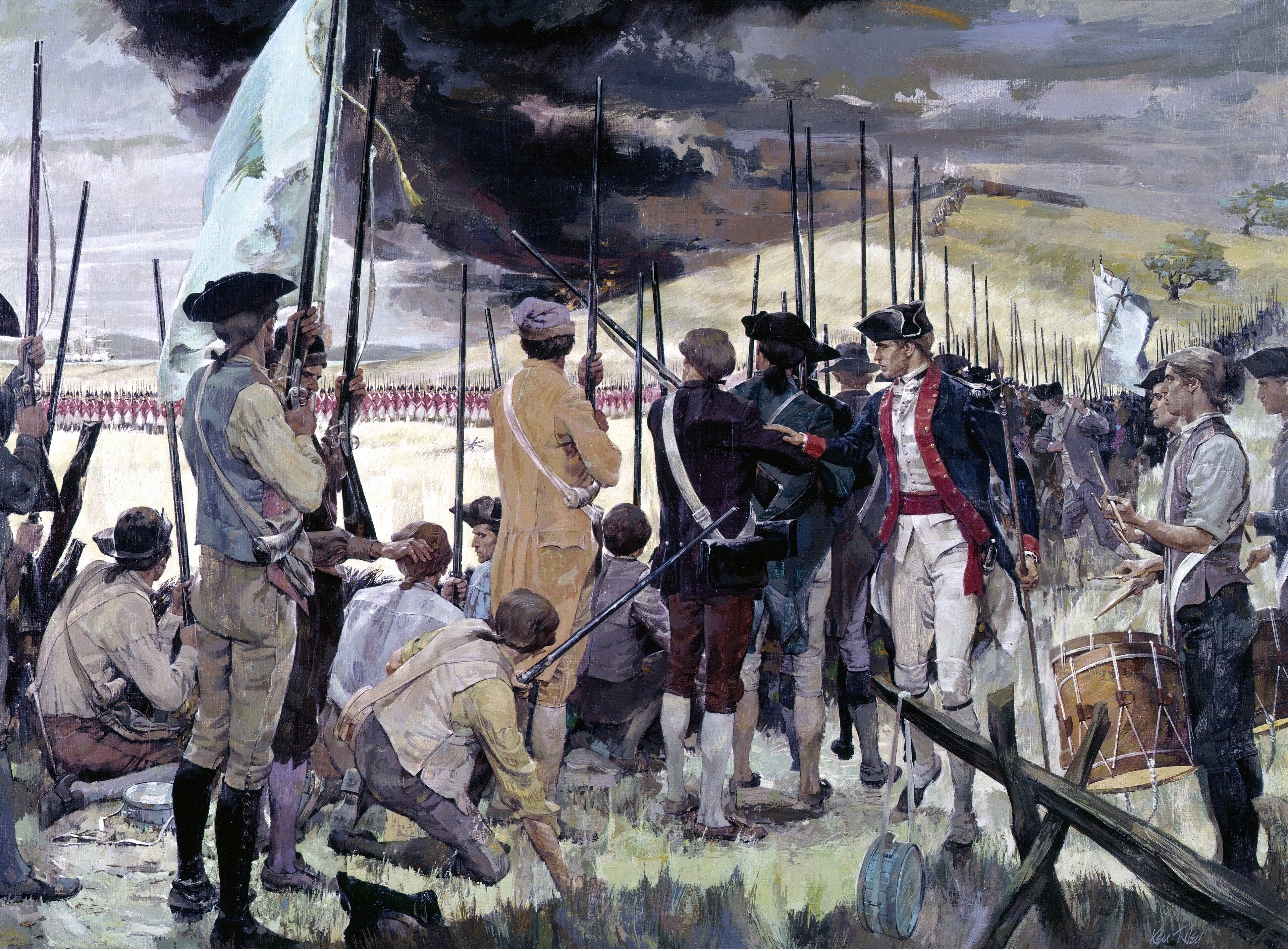 Militiamen wait with muskets behind defences at Bunker Hill. Colonists and British troops fought amid disputes over taxation, political representation and authority over the American colonies.