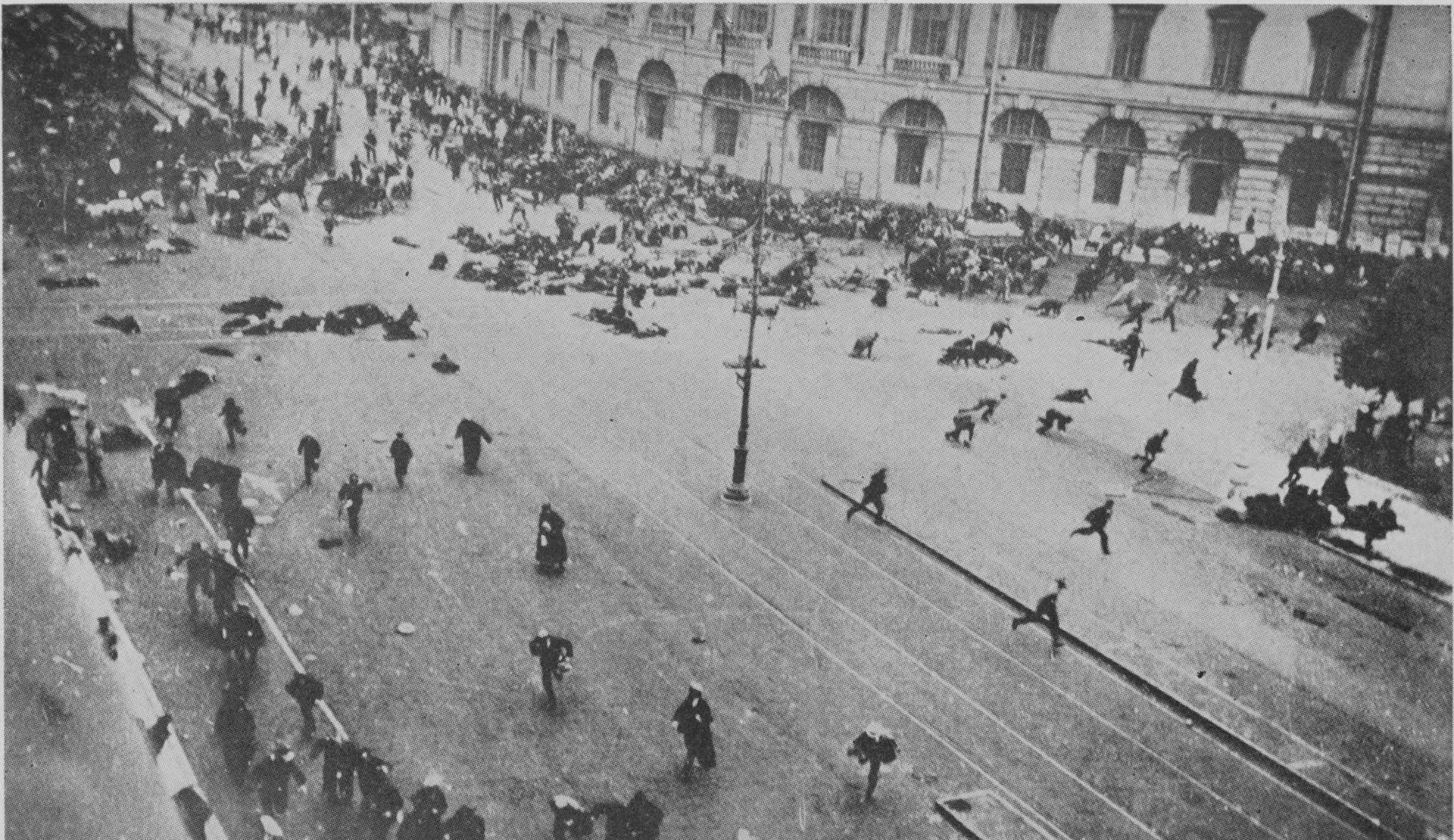 Demonstrators run or lie under gunfire in Petrograd. They demanded power for workers’ and soldiers’ councils as Russia’s provisional government continued fighting in the world war.