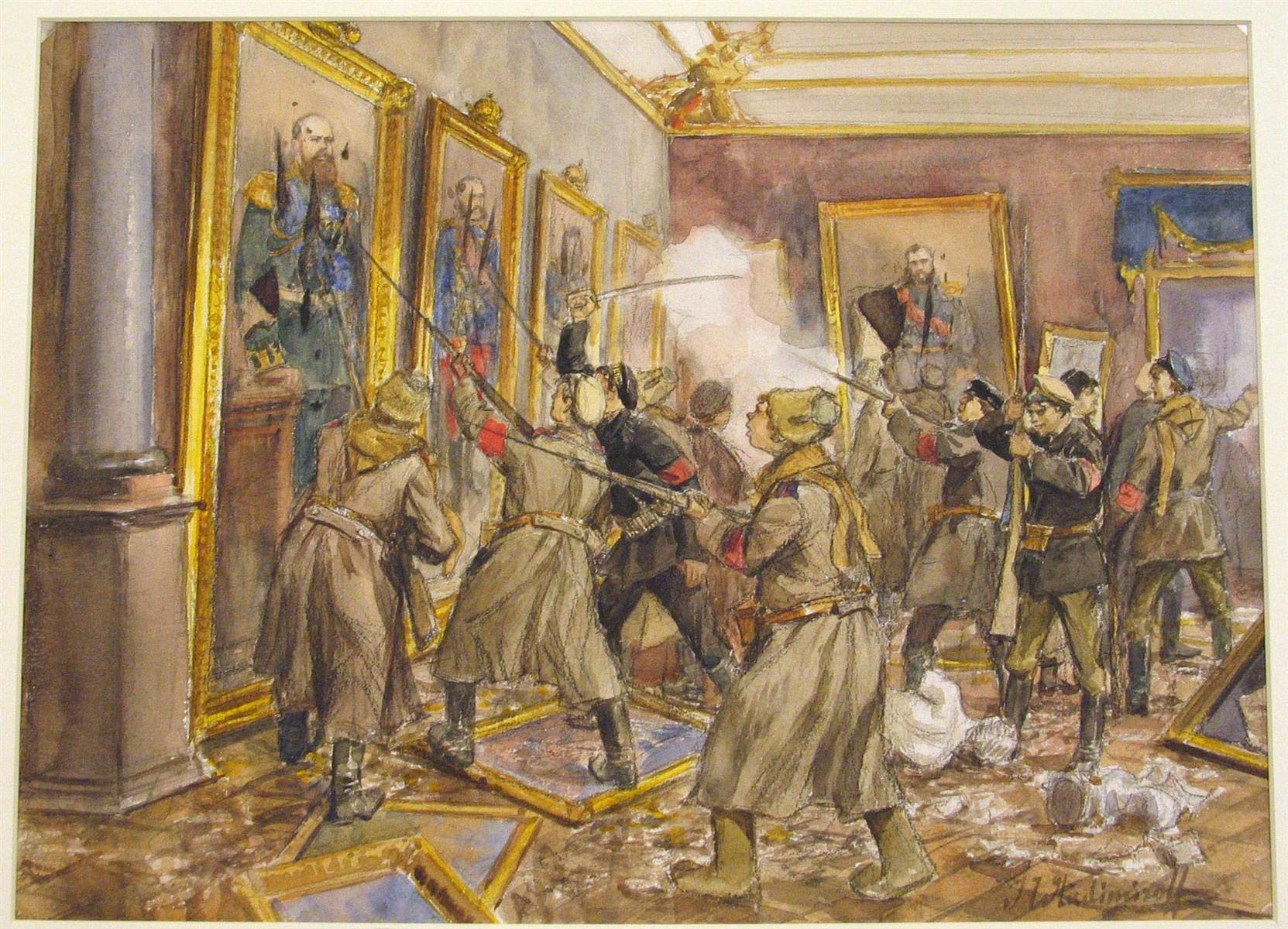 Armed men rummage through the Winter Palace’s contents. Its seizure accompanied the Bolshevik revolution, which proposed replacing the Provisional Government with workers’ and soldiers’ councils.